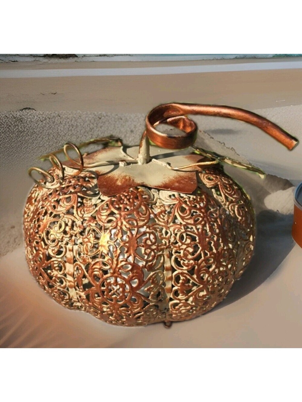 METAL COPPER TONE SCROLL PUMPKIN 10X8” Halloween Thanksgiving Decor.